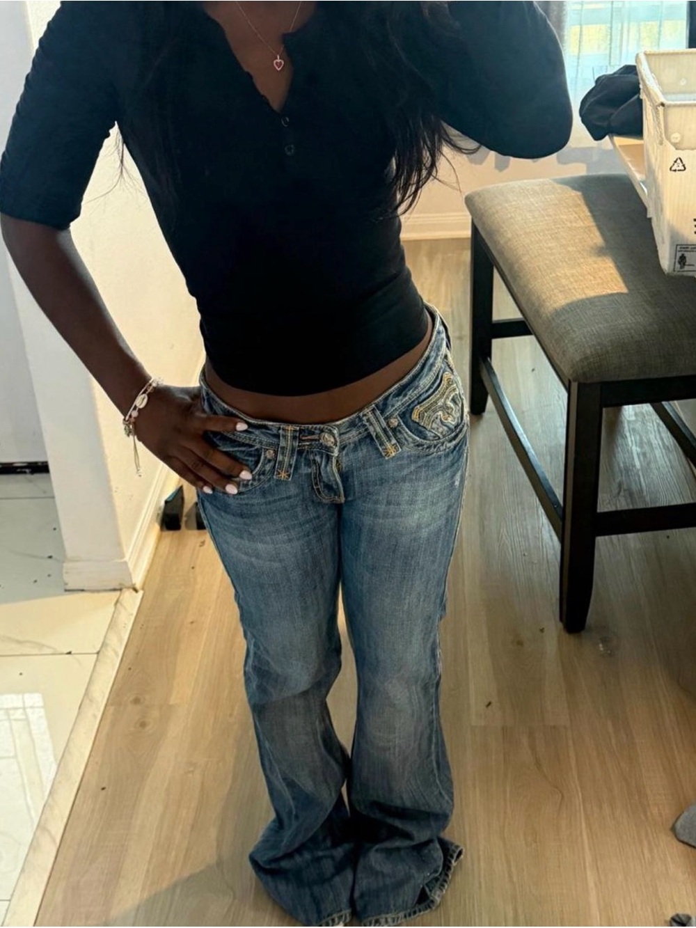 Women’s Blue Bootcut Jeans with Embroidered Waist